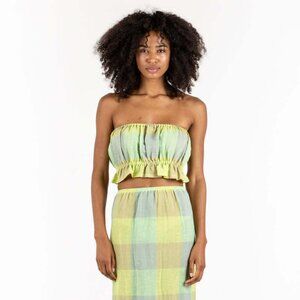 LESET Flora Ruffle Tube Top - Green, Checkered, Sz Medium, Brand New